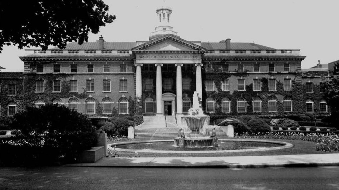 Original Walter Reed Army Medical Center building with fountain