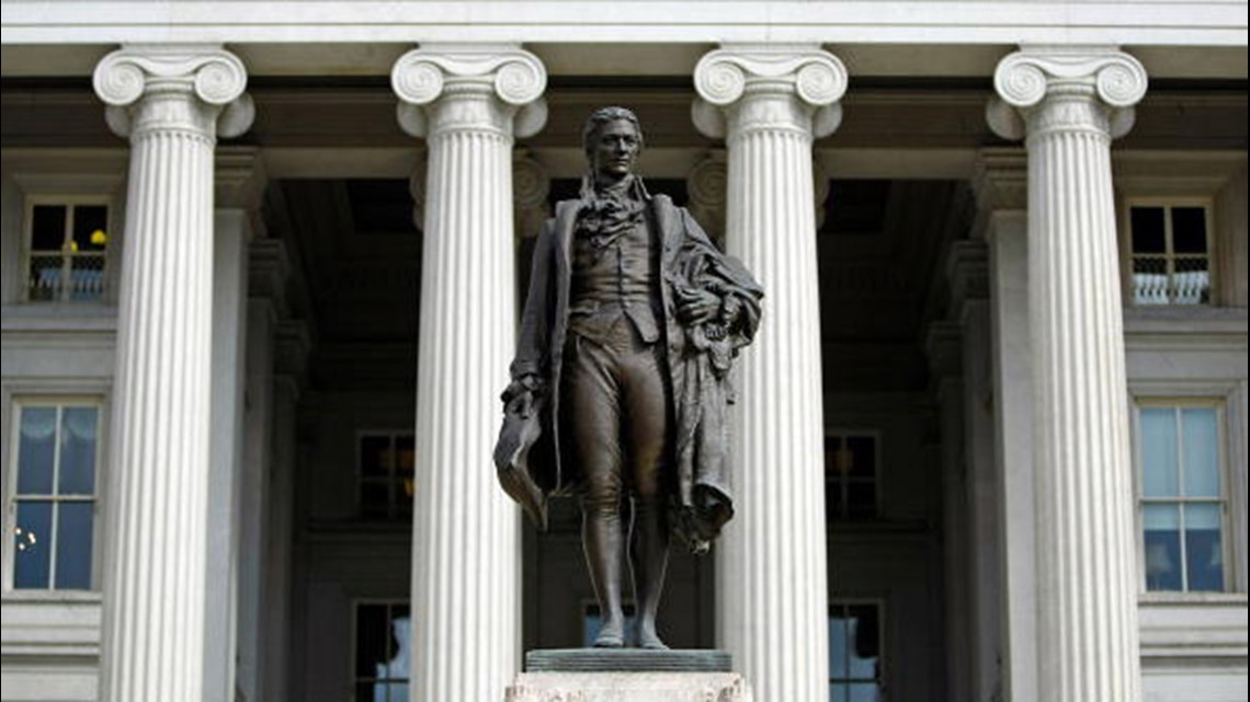 Statue of Treasury Secretary Alexander Hamilton outside Treasury headquarters 