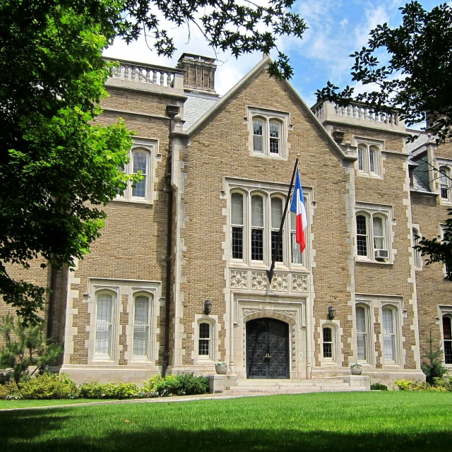 The brick and limestone facade of the French Ambassador's residence in Kalorama