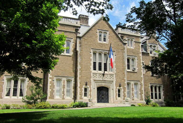 The brick and limestone facade of the French Ambassador's residence in Kalorama