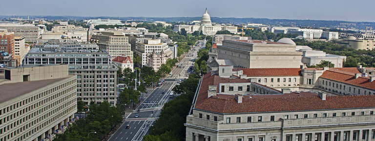 Aerial view of Pennsylvania Avenue in Washington, D.C. look east toward the U.S. Capitol